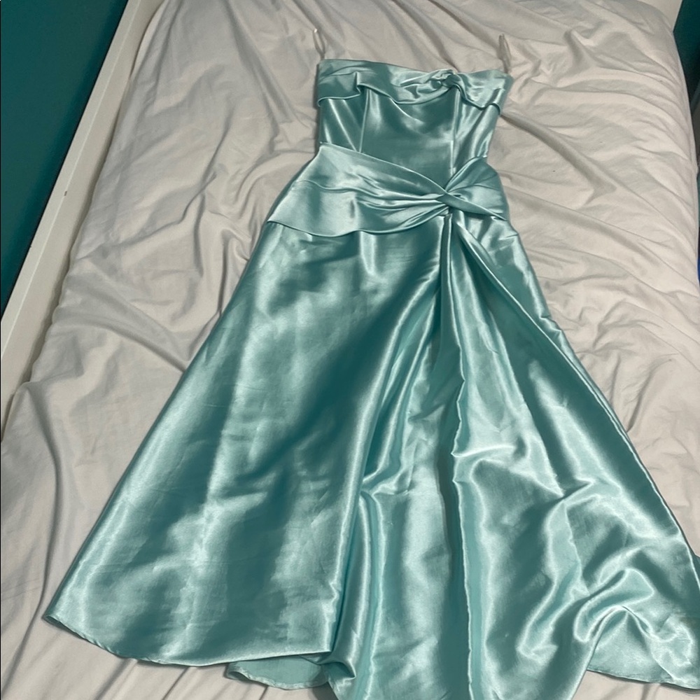 Elegant Strapless Satin Gown in Light teal